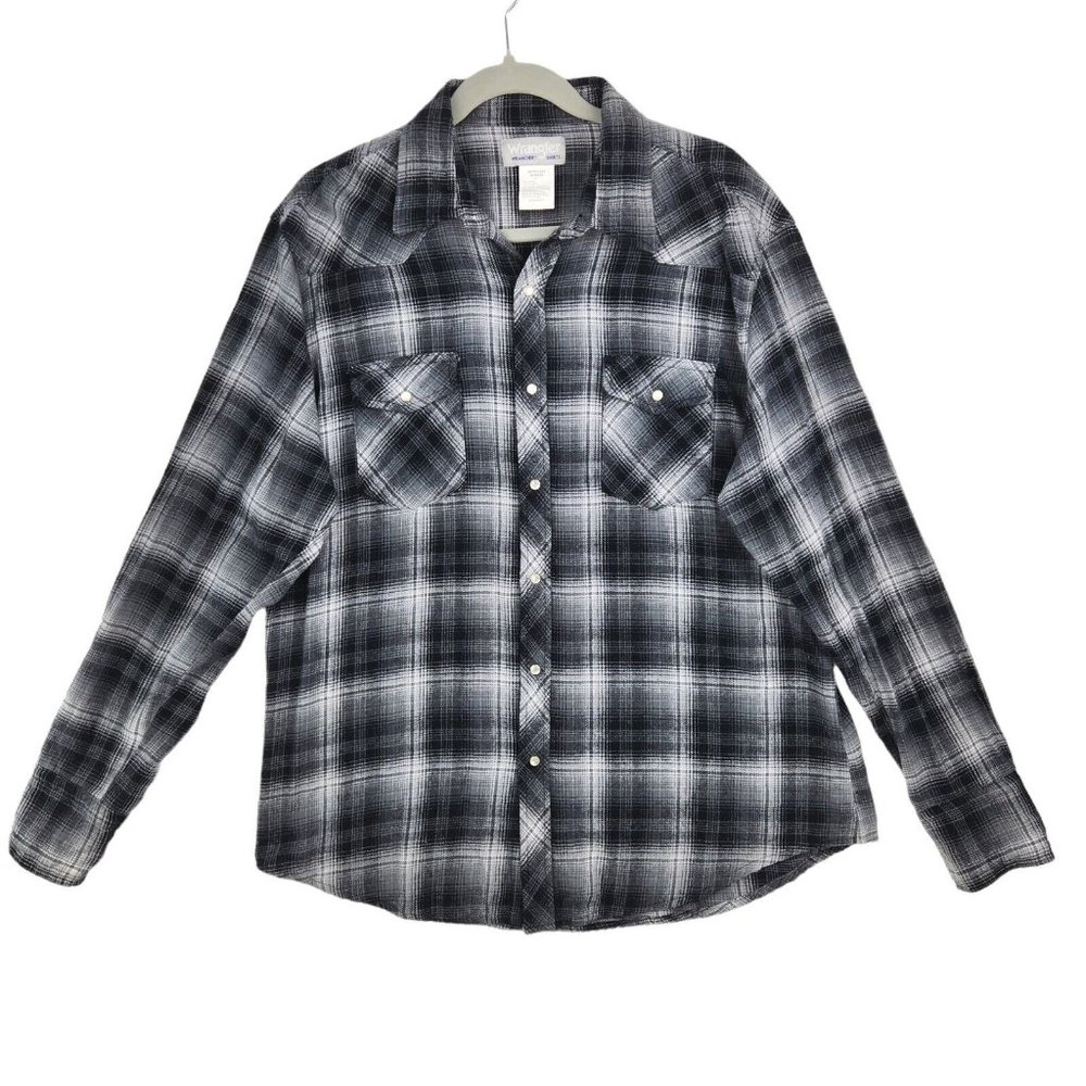 Wrangler Wrancher Shirt Mens XL Gray Black Plaid Button-Up Pearl Snaps Western